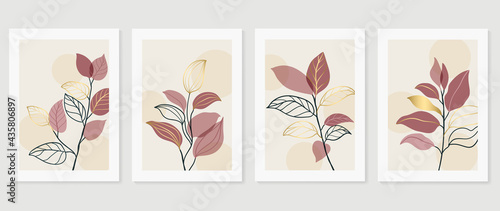 Botanical and gold abstract wall arts vector collection. Golden and luxury pattern design with Tropical leaves line arts, Hand draw Organic shape design for wall framed prints, cover and poster.