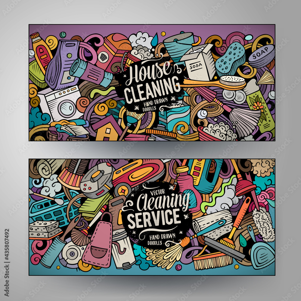 Cartoon cute colorful vector doodles Cleaning banners