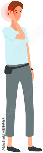 Male character with earache touching his head. Guy with sad face is suffering from pain in his ear. Painful sensations of sick person. Young man grabs his hand to ear, with symptoms of earache