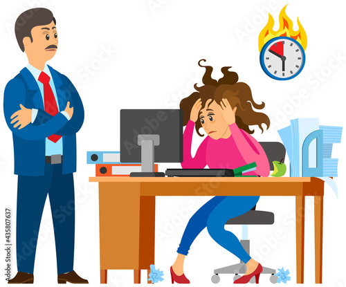 Missing deadline, bad time management. Work in high stress conditions and under hard boss pressure. Scene of tired, nervous, stressed people clutches head at work, many tasks. Deadline metaphors