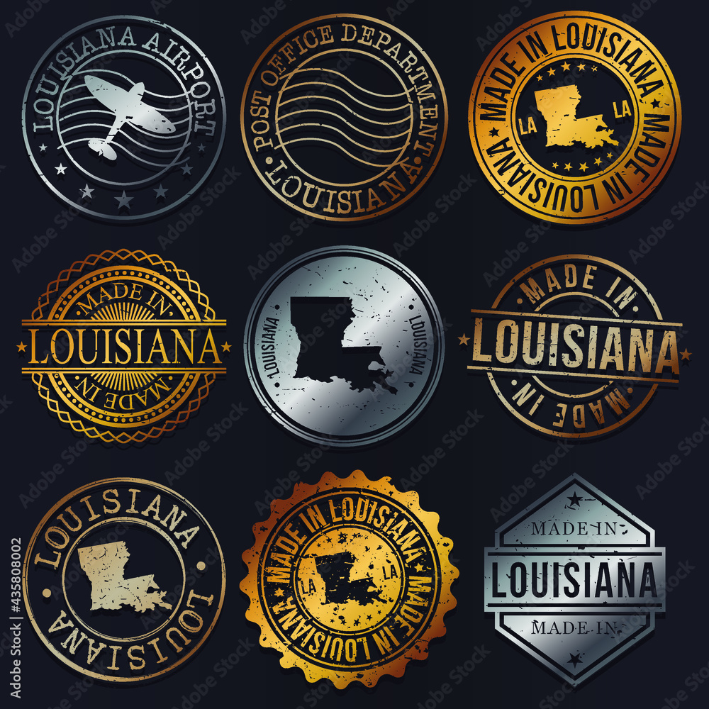 Louisiana, USA Business Metal Stamps. Gold Made In Product Seal. National Logo Icon. Symbol Design Insignia Country.
