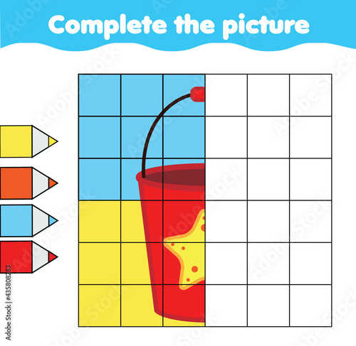 bach toy bucket. complete picture by grid. educational children game. learning activity for toddlers. summer holidays theme