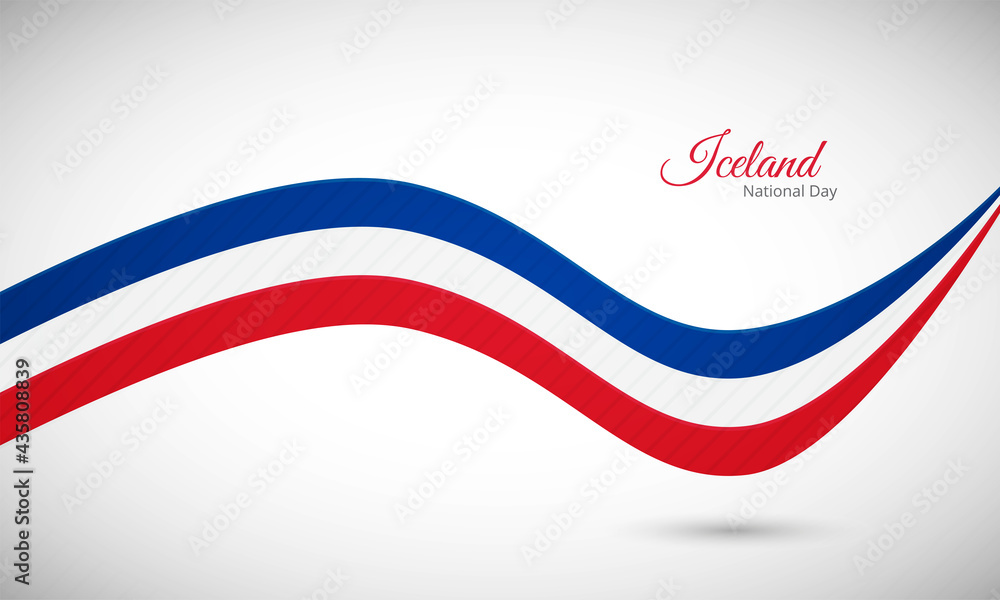 Happy national day of Iceland. Creative shiny wavy flag background with text typography.