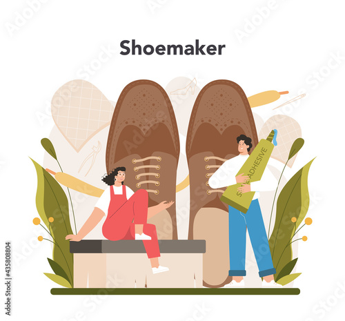 Shoemaker concept. Craftsman wearing an apron mending shoe