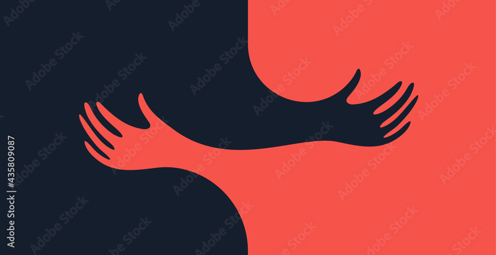 Hands hug vector illustration of addiction, abuse symbol, depression, co-dependent personality disorder banner, psychological disorders poster Hands hug vector illustration of addiction, abuse symbol, depression, co-dependent personality disorder banner, psychological disorders poster
