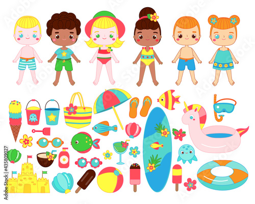 Big set of cartoon summer girls and boys and beach fun accessories. Ice cream, diving mask, cocktail, bucket and other summertime break objects. Clip art collection for stickers book and paper dolls