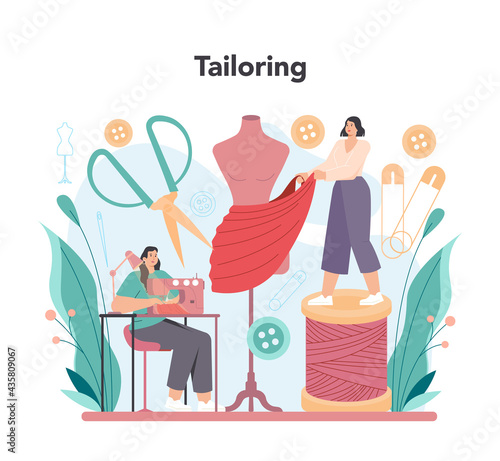Tailor concept. Fashion designer sewing or fitting clothes. Dressmaker