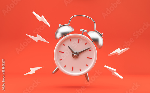 White and silver metal vintage ringing alarm clock on bright red background. Modern design, 3d rendering. photo