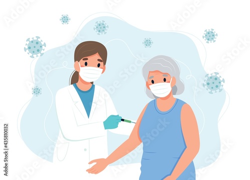 Coronavirus vaccine senior woman and a doctor with a syringe. Concept vector illustration in flat cartoon style