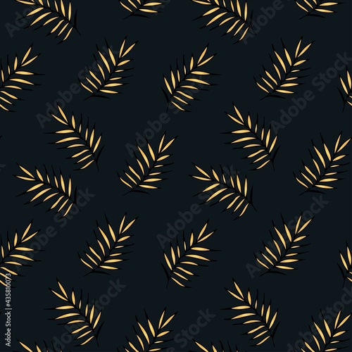 Seamless pattern with golden palm branches. Yellow leaf of a palm tree on a dark background. Vector endless texture