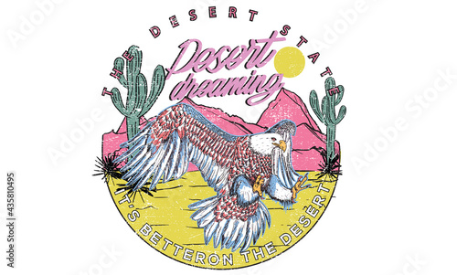 Eagle desert dreaming print design for apparel. Cactus vibes desert retro design. 