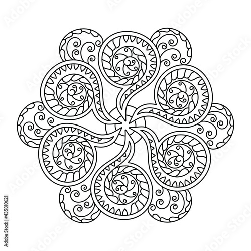Coloring book mandala, decorative ornament in ethnic oriental style. Doodle flower pattern in black and white. Vector illustration.