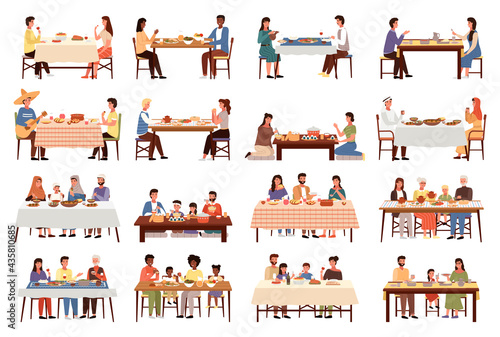 Set of illustrations on the topic of people dine on traditional dishes from different countries. People communicate together. Characters eating national meals. Families isolated on white background