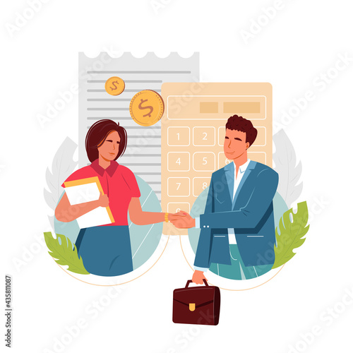 Tax agent service abstract concept vector illustration. Businessman and woman shake hands and calculating obligatory payments. Accountant appointment, financial documents and forms, paperwork concept
