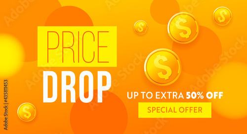 Price drop banner design. Low price poster, cheap vector template. Price drop falling prices and Business downturn, financial debt, banner sale schedule 