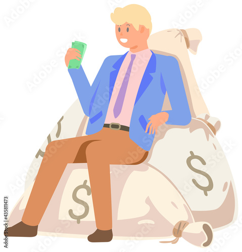 Rich successful businessman sitting on pile of money bags with dollars. Business success concept. Income and high earnings in cash. Cash bills as symbol of wealth and success. Paper money in bags