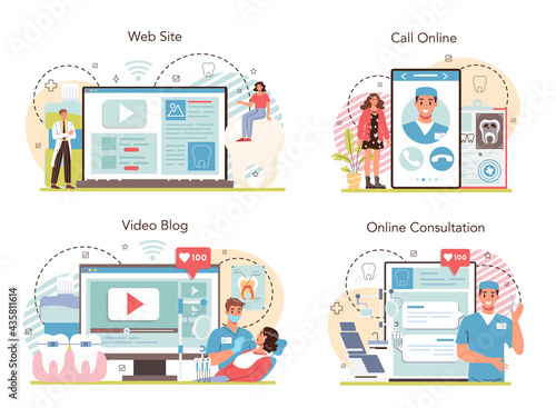 Dentist online service or platform set. Dental doctor in uniform