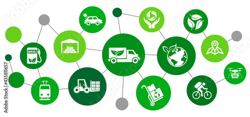 Eco delivery concept with connected logistics and supply chain set icons, import, export, warehouse management, eco-friendly distribution and shipping signs, international green free trade – vector