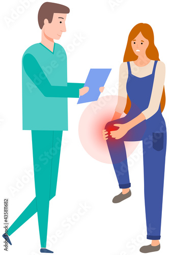 Woman with knee pain is examined at hospital. Doctor communicate with patient to make diagnosis. Person complains to traumatologist about painful sensations in leg joint. Girl feeling pain in her knee