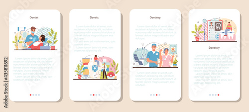 Dentist mobile application banner set. Dental doctor in uniform