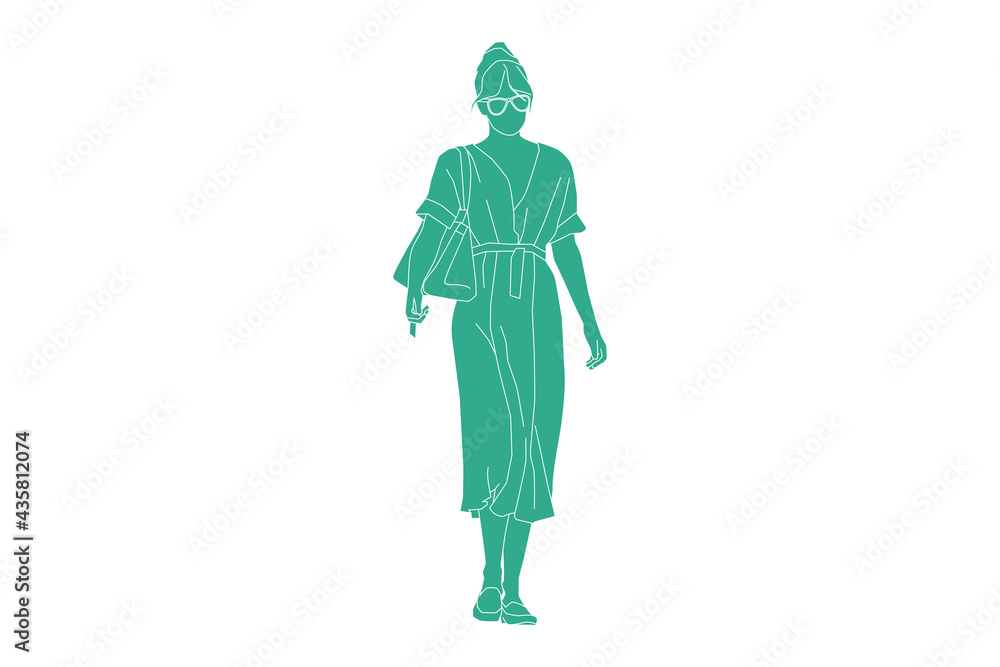 Vector illustration of elegant woman walking walking on the sideroad, Flat style with outline