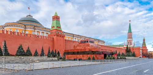 Panoramic view of Moscow Kremlin with mausoleum of Lenin - fortified complex in center city on Red Square, Moscow, Russia.