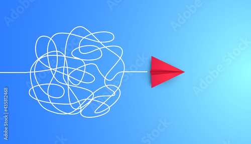 Business concept finding a solution or way out of the situation, red paper plane with a confusing path on blue background changes direction, new idea, change, courage, innovation, creative decision.