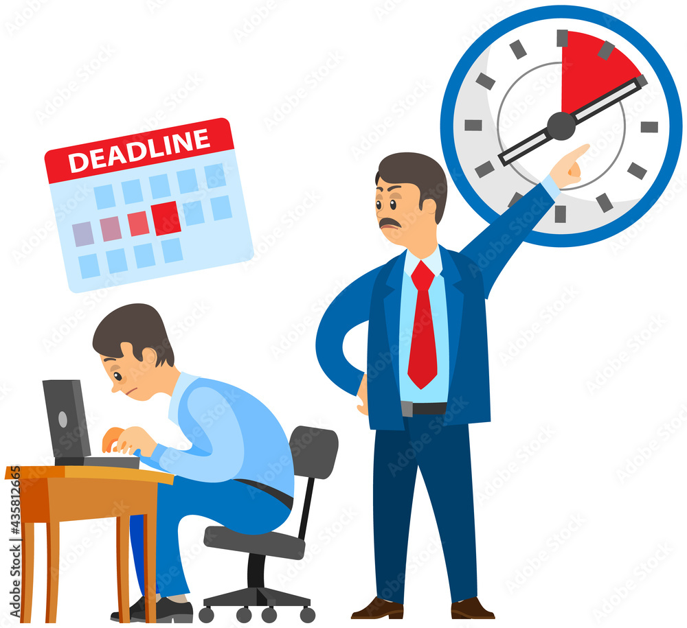 Missing deadline, bad time management. Work in high stress conditions and under hard boss pressure. Scene of tired, nervous, stressed people clutches head at work, many tasks. Deadline metaphors