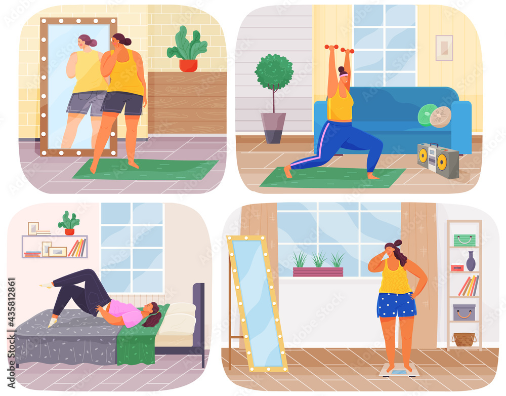 Obraz premium Fat woman s daily routine set of four scenes with oversize unhappy lady stands on scales and plays sports. Female daily life, everyday. Body positive lady looks at her reflection in mirror at home