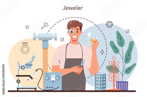 Jeweler concept. Goldsmith examining and faceting diamond