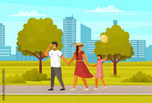 People happy family walk in city park or square. Mom, dad and child with baloon spend time outdoors on background of modern city. Mother holds daughters hand. Fun days. Family holiday activity