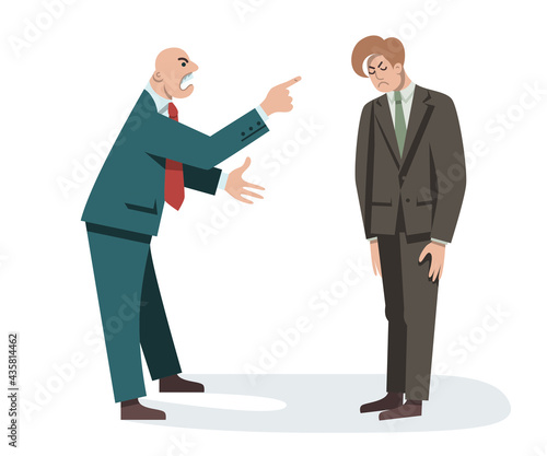 Disgruntled boss insults the employee. Angry chief shouts at the subordinate. Conflicts at work. Negative emotions. Flat illustration on isolated white background.