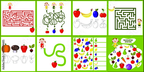 I spy. Maze. Kids mini game for development with fruits.