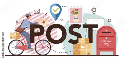 Post typographic header. Post office staff providing mail service,