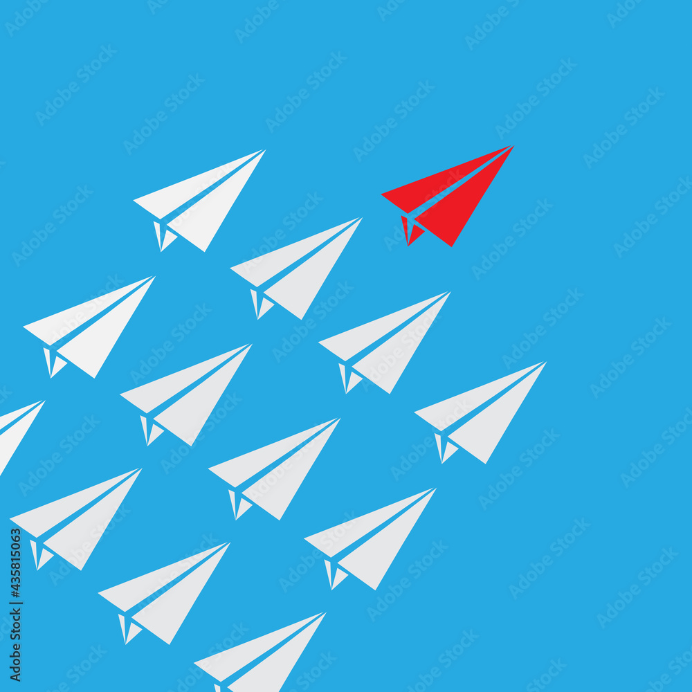 leadership success concept paper plane fly on blue background. leadership concept. business teamwork team leader. flat style.