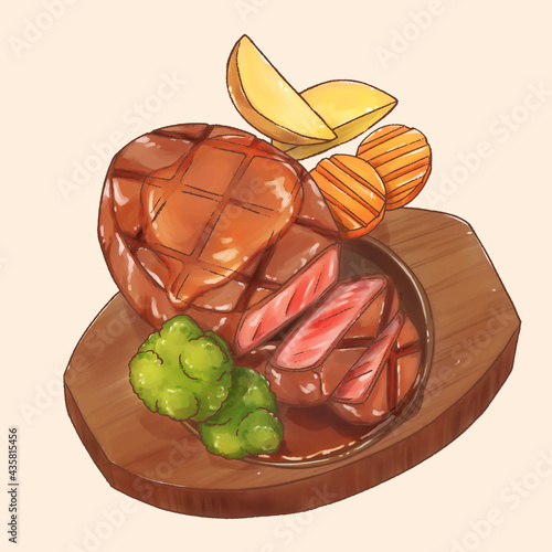 Grilled beef steak and vegetables on cast iron plate with wooden board