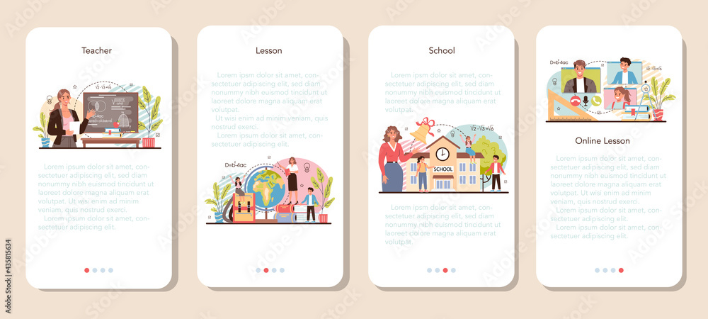 Teacher mobile application banner set. Professor giving a lesson in a classroom