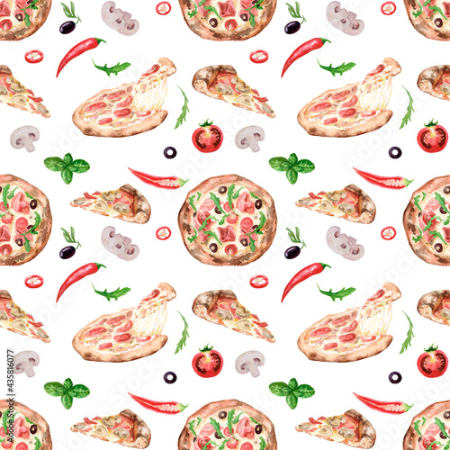 Traditional Italian pizza. The pattern. The image is hand-drawn and isolated on a white background. Watercolor painting.