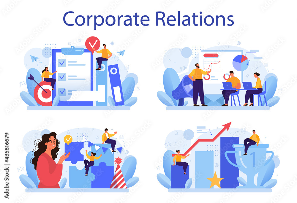 Corporate relations set. Business ethics. Corporate organization