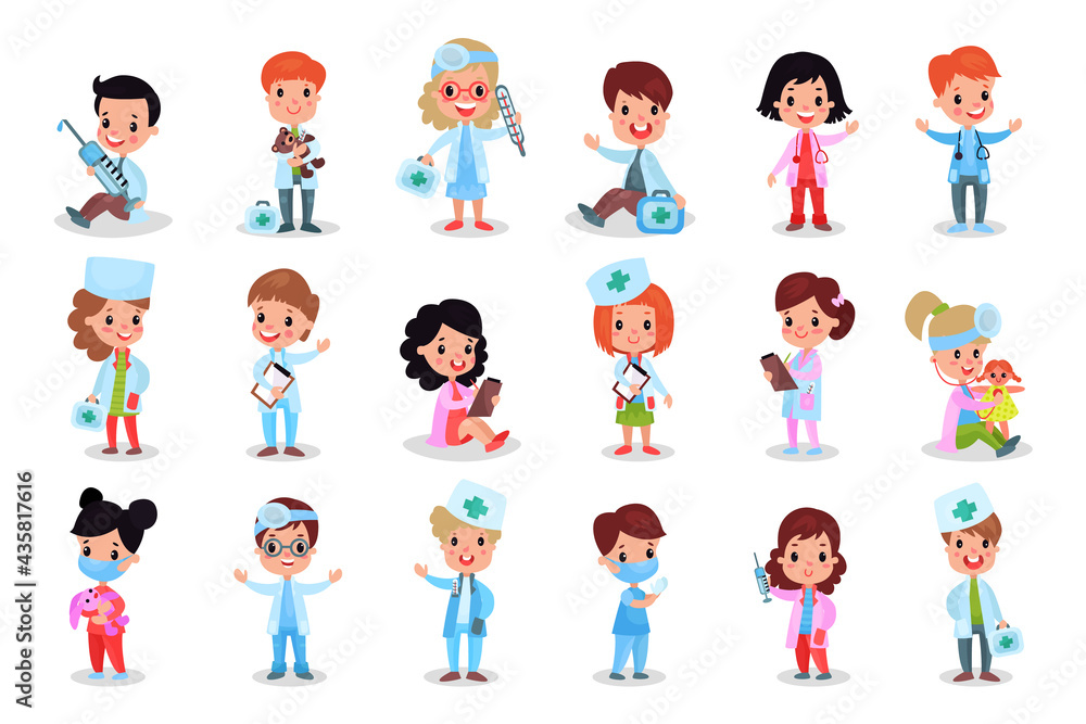 Adorable Kids Playing Doctor and Nurse Vector Illustration Set