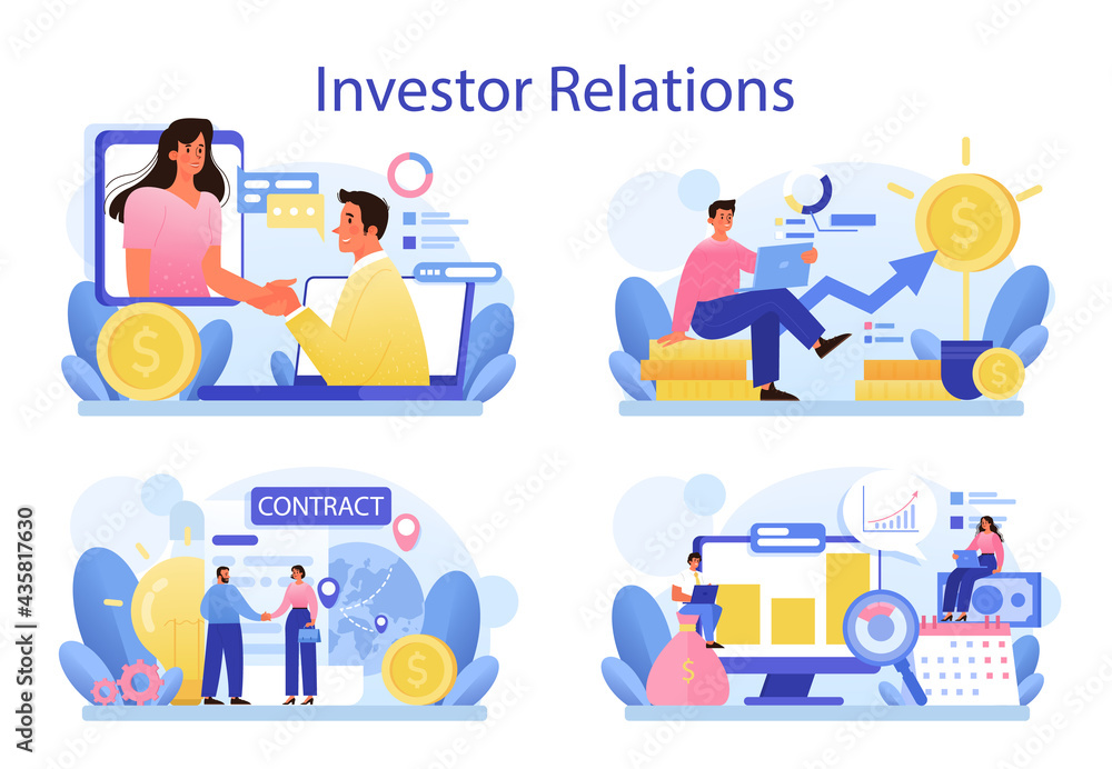 Naklejka premium Investor relations concept set. Investings involvement, project investment