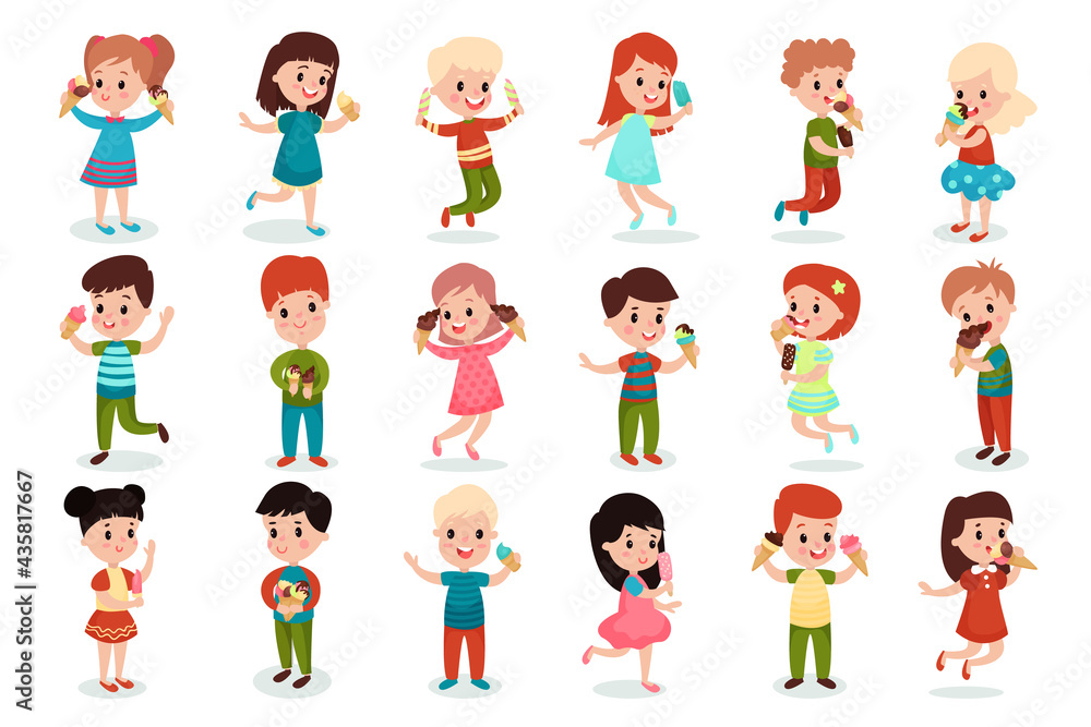 Happy Children Standing and Holding Ice Cream in Waffle Cone and on Stick Vector Illustration Set