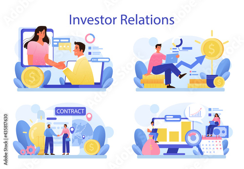Investor relations concept set. Investings involvement, project investment