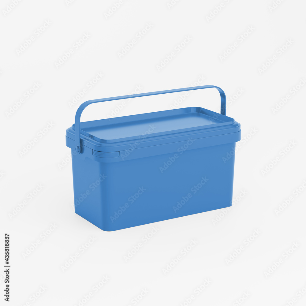 Blue rectangular plastic can / bucket / container with handle and no label. Perspective view, isolated on white background. Blue rectangular plastic can / bucket / container with handle and no label. Perspective view, isolated on white background.