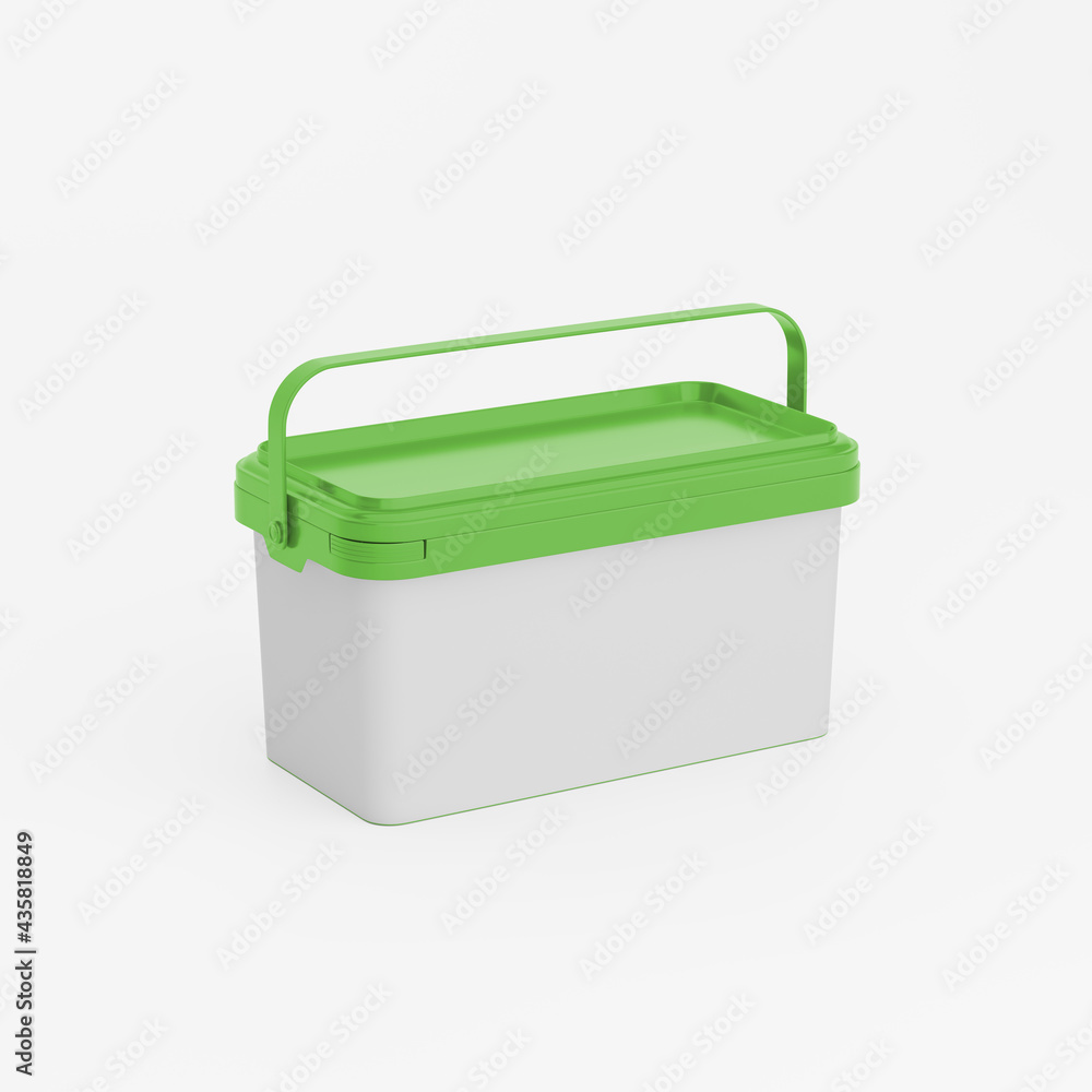 Green rectangular plastic can / bucket / container with handle and a blank label. Perspective view, isolated on white background. Green rectangular plastic can / bucket / container with handle and a blank label. Perspective view, isolated on white background.