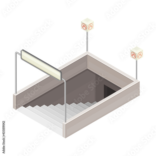 Entrance in Metro or Subway with Downwards Stairs Isometric Vector Illustration