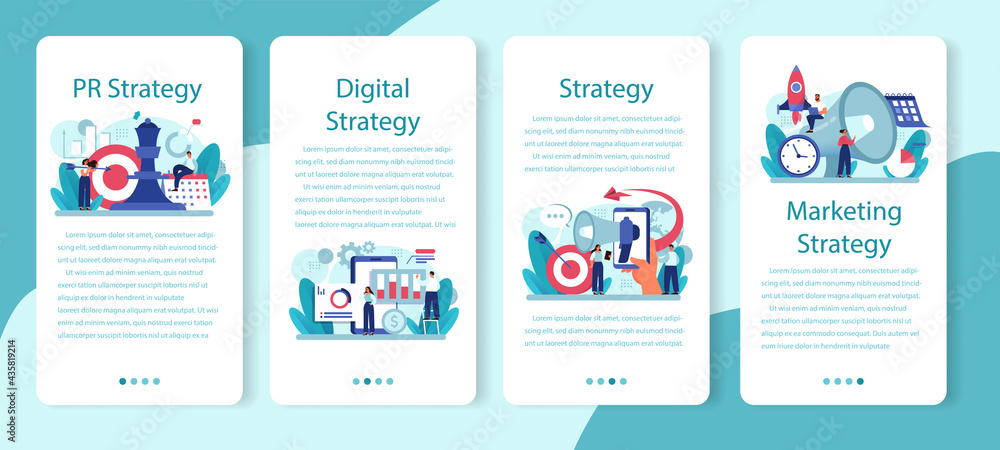 Public relations strategy mobile application banner set. Commercial brand