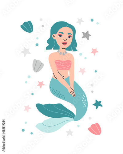 Cute Scandinavian gree hair mermaid poster print with little shell and starfish for nursery, cards or t-shirt design. Hand drawn flat vector illustration in pastel colors isolated on white background