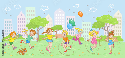 Children are walking in the city park. Cute happy kids run with toy planes and balloons, jump over the rope. In cartoon style. Vector illustration.