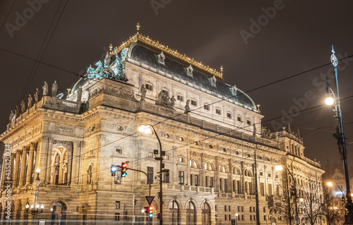 The National Theatre in Prague (Národní divadlo) shot from the Legion Bridge (Most Legií) at night